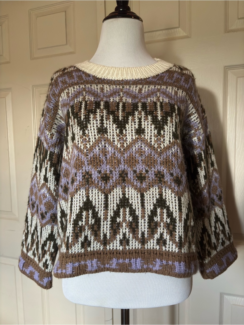 Anthropologie Fair Isle Crewneck Sweater in Lavender, Brown & Cream